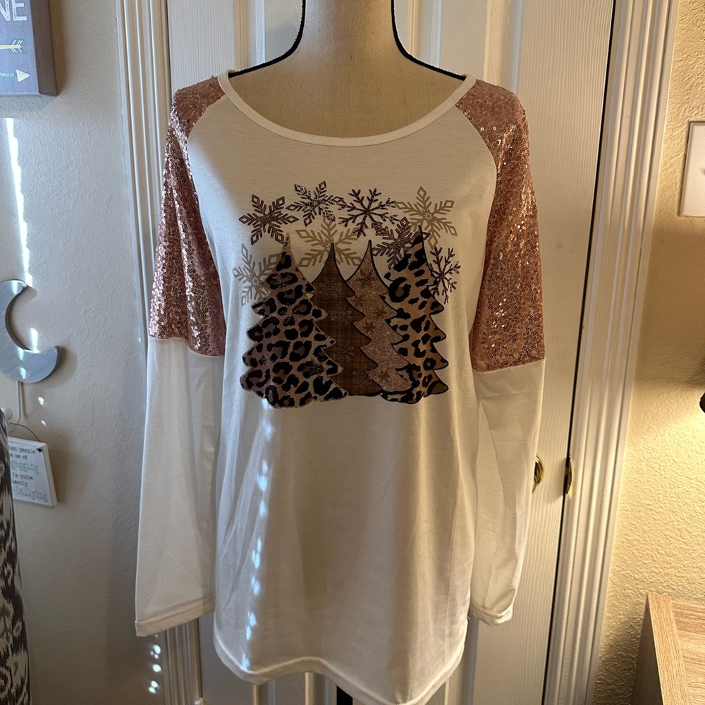 Christmas Tree LS Shirt. Cream & Rose sequins with animal print Christmas Trees